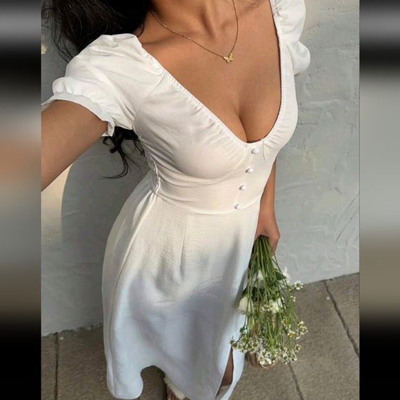 Pure White Deep V-Neck Puff Sleeve Slit Dress For Women - Picture 3 of 4